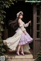 A woman in a long dress and hat standing in front of a door.